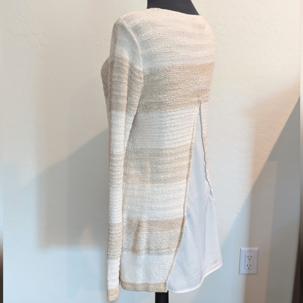 Calvin Klein Jeans Sheer Split Back Knit Long Sleeve Sweater Tan & White Size L